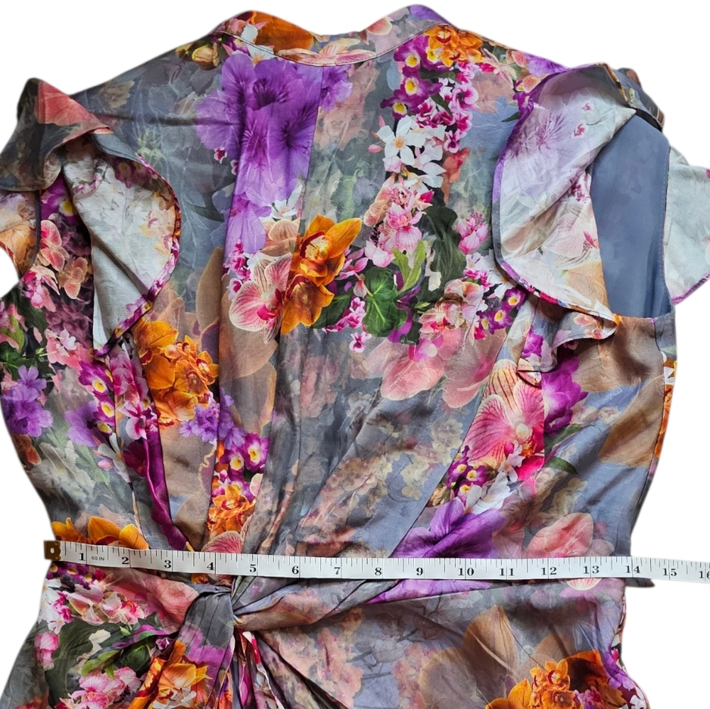 All Saints Jemille Lucia Silk Blend Lined Mini Dress Flutter Sleeves Grey Floral - Picture 15 of 16